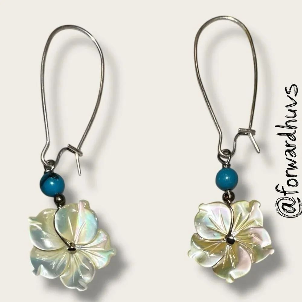 Hand-Carved Mother of Pearl Earrings – Turquoise & Black Accents - Picture 4 of 6